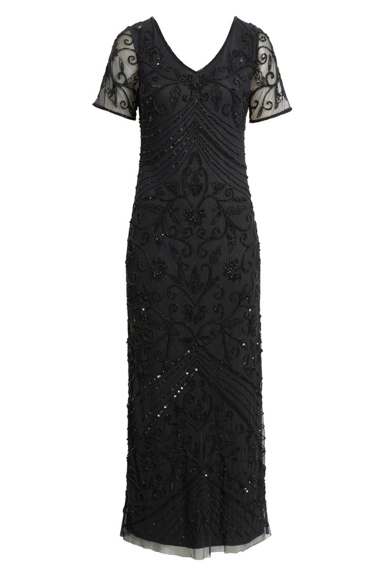 Beaded Mesh Gown, Alternate, color, BLACK