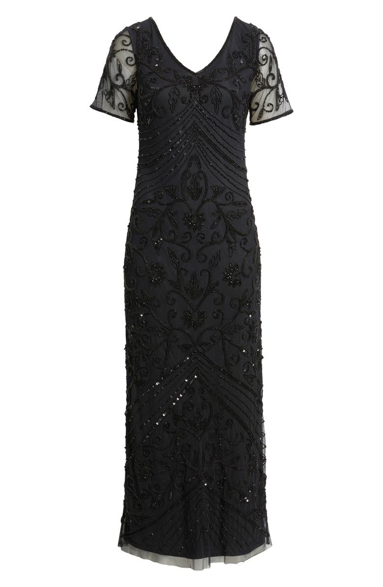 Pisarro Nights Beaded Mesh Gown, Alternate, color, Black