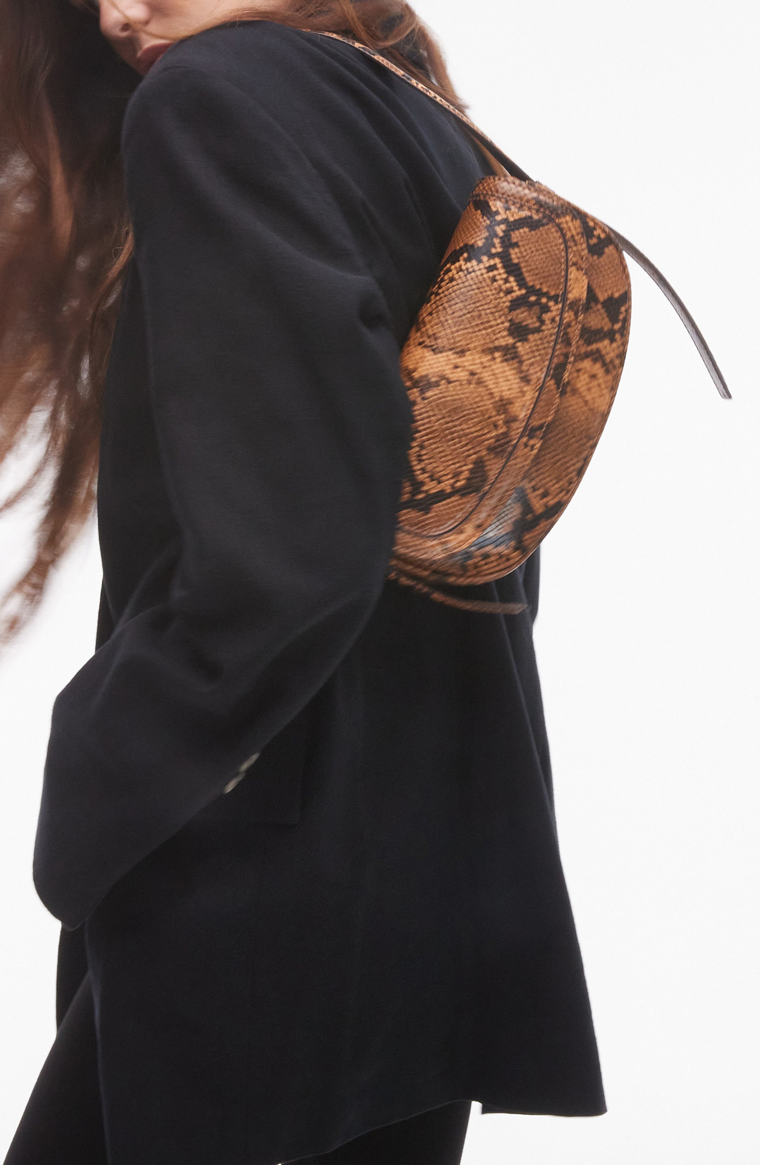 Topshop Stefan Snake Embossed Faux Leather Half Moon Shoulder Bag, Alternate, color, 