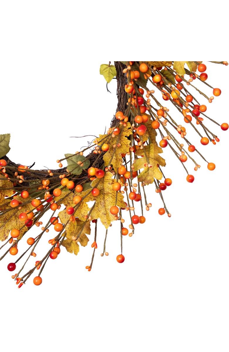 Northlight Berries and Maple Leaves Artificial Fall Harvest Twig Wreath - 22", Alternate, color, Yellow