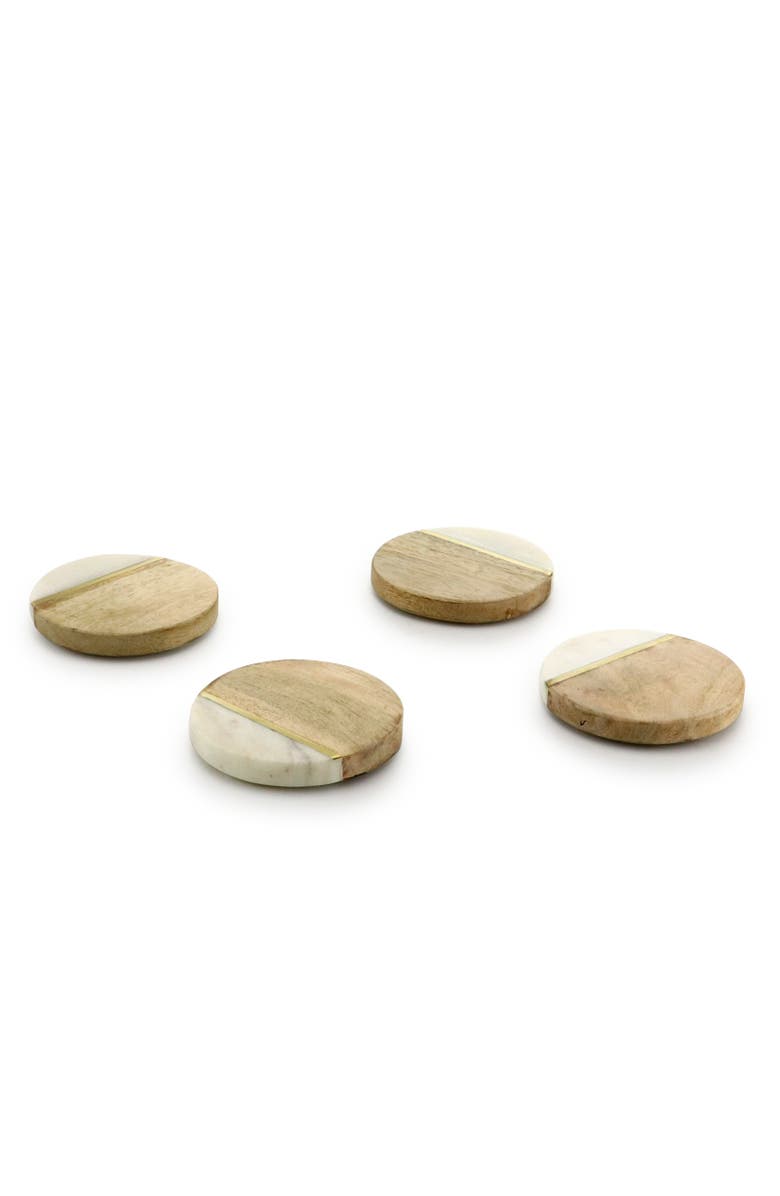 Gibson Elite Pinehurst 4 Piece 4 Inch Inlaid Marble and Wood Coaster, Alternate, color, Beige