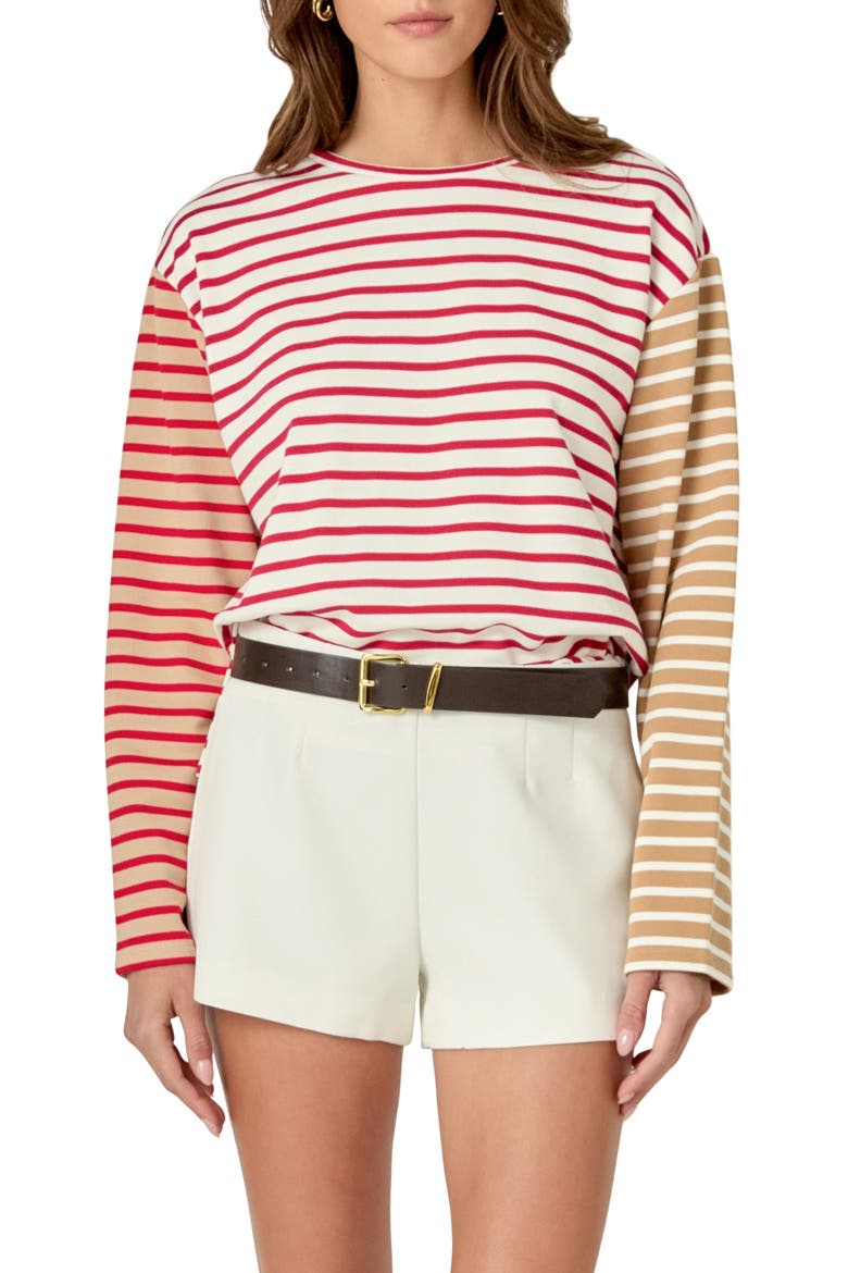 Colorblock Stripe Long Sleeve Cotton Blend Top, Main, color, RED MULTI