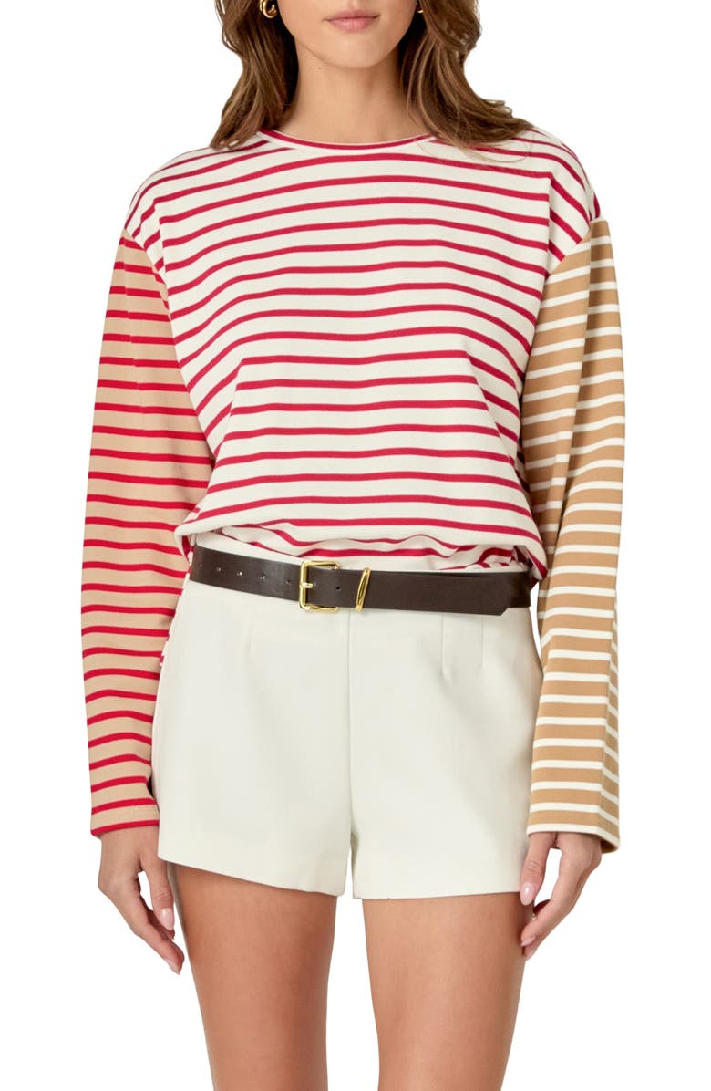 English Factory Colorblock Stripe Long Sleeve Cotton Blend Top, Main, color,