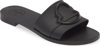 サンダル・ミュール MONCLER WOMEN Bell Logo Leather Sliders Brown Moncler Women Brown Bell Logo Suede Leather Slip-on Slide