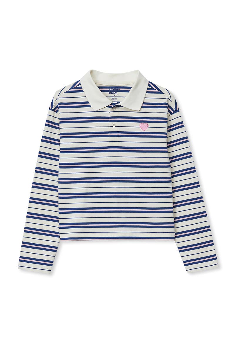 Girls Long Sleeve Collared Polo Shirt, Main, color, Heart/Egret Stripe