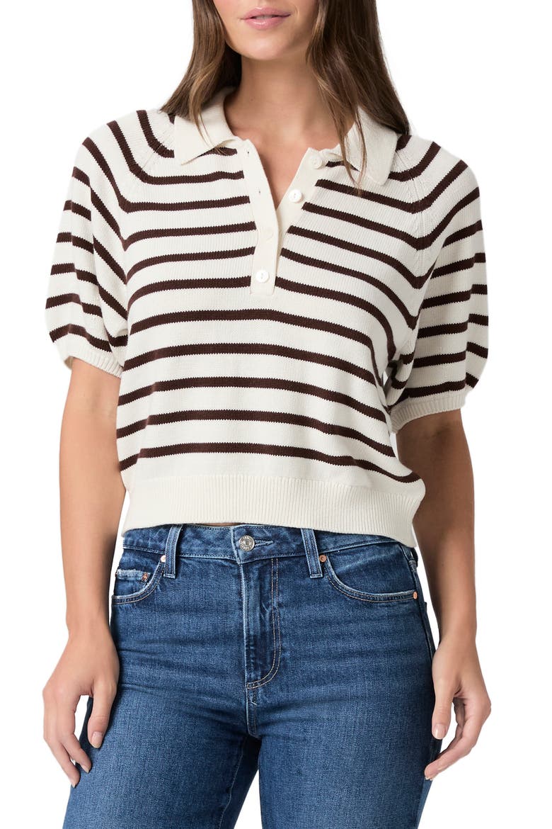 Birch Stripe Short Puff Sleeve Polo Sweater, Main, color, ANTIQUE WHITE/ TAMARIND
