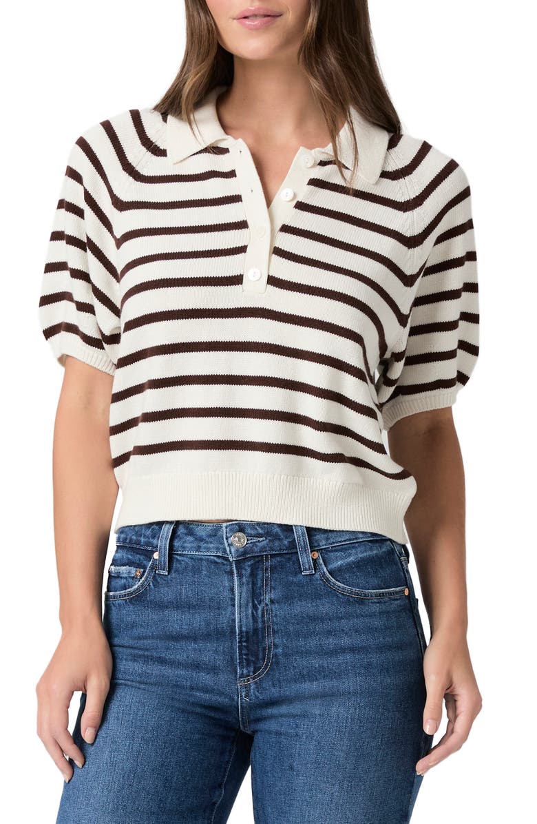 PAIGE Birch Stripe Short Puff Sleeve Polo Sweater, Main, color, Antique White/ Tamarind