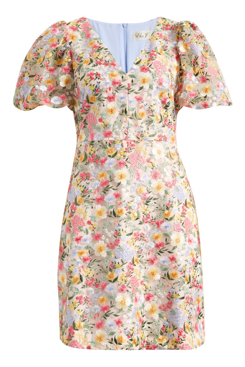 Embroidered Puff Sleeve Cocktail Dress, Alternate, color, MULTI FLORAL IVORY