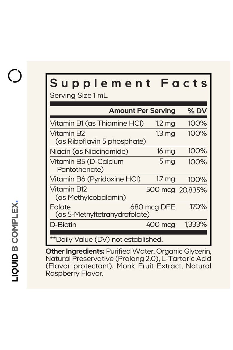 Liquid B-Complex, 8 B Vitamins B1–B12, Methylated Folate, Raspberry Flavor, Alternate, color, White