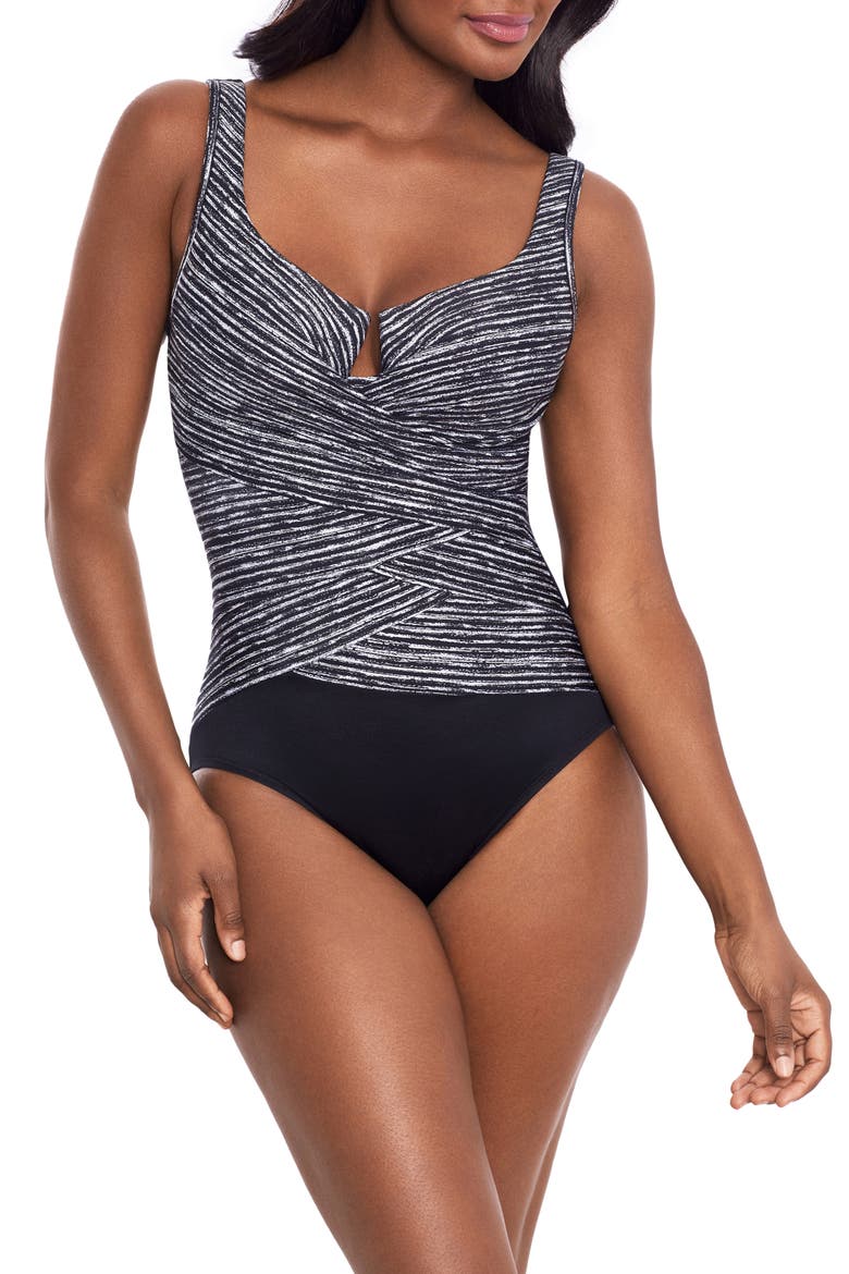 Selenite Layered Escape One-Piece Swimsuit, Main, color, BLACK/ WHITE