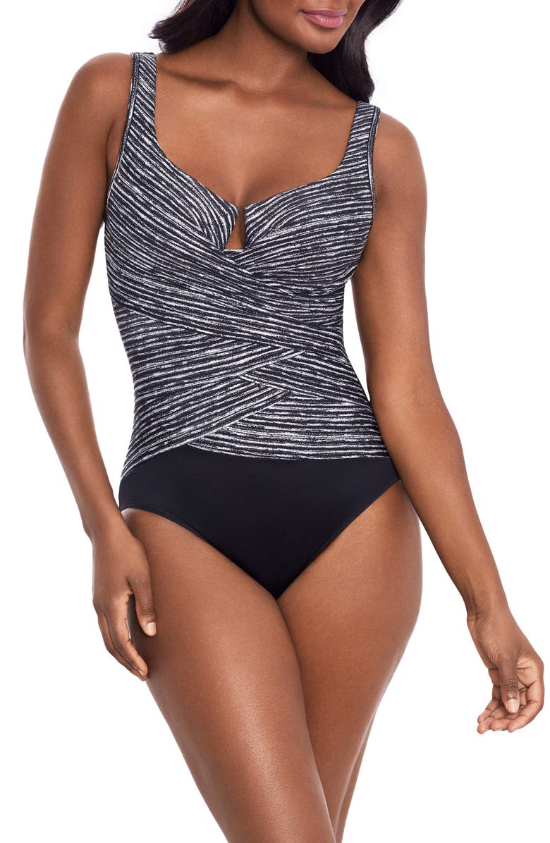 Miraclesuit<sup>®</sup> Selenite Layered Escape One-Piece Swimsuit, Main, color, Black/ White