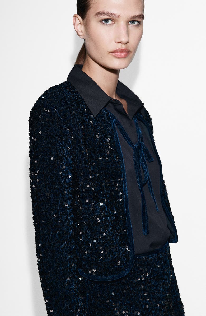 MANGO Sequin Velvet Tie Neck Jacket, Alternate, color, Navy