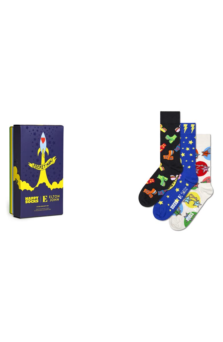 Happy Socks x Elton John Rocket Man Assorted 3-Pack Crew Socks, Main, color, Black Multi