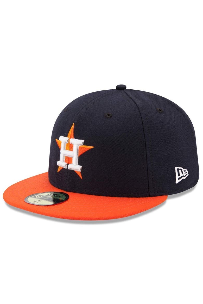 Men's New Era Navy/Orange Houston Astros Road Authentic Collection On Field 59FIFTY Performance Fitted Hat, Main, color, NAVY