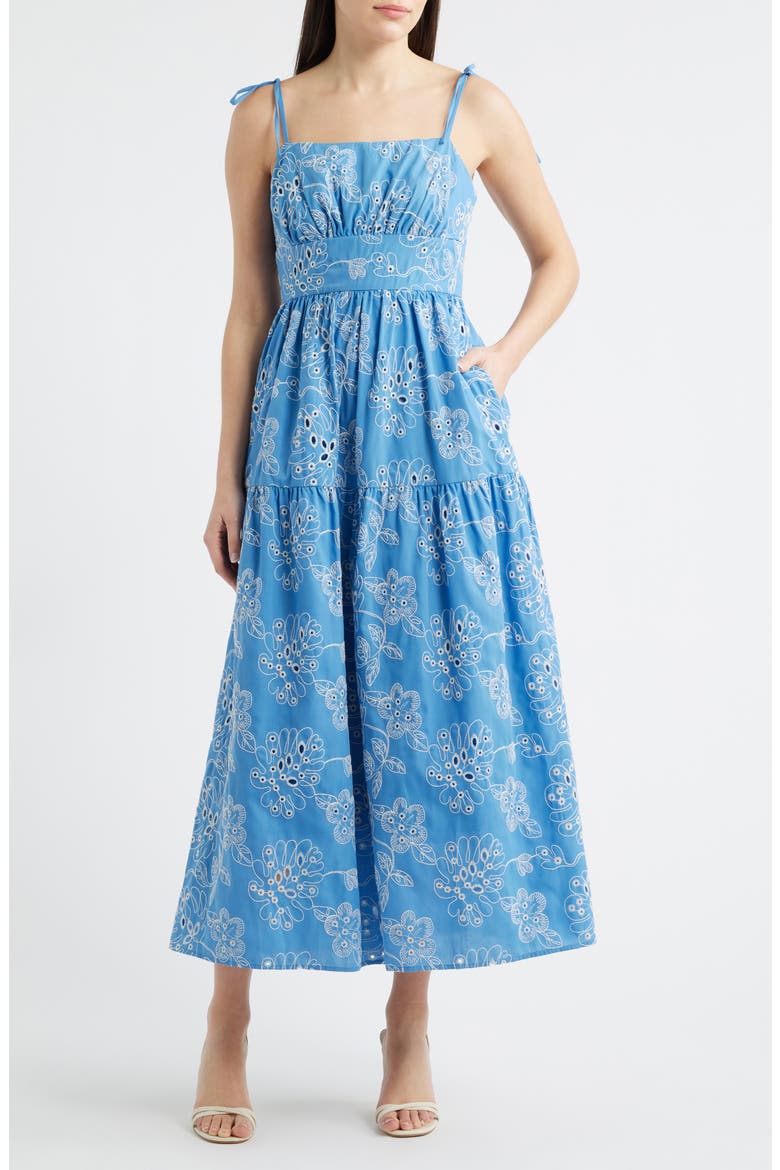 Cotton Blend Eyelet Midi Sundress, Main, color, BLUE MULTI