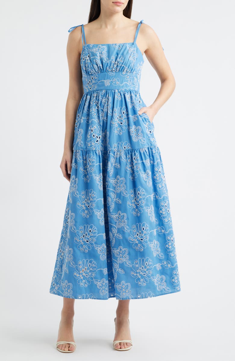 Julia Jordan Cotton Blend Eyelet Midi Sundress, Main, color, Blue Multi