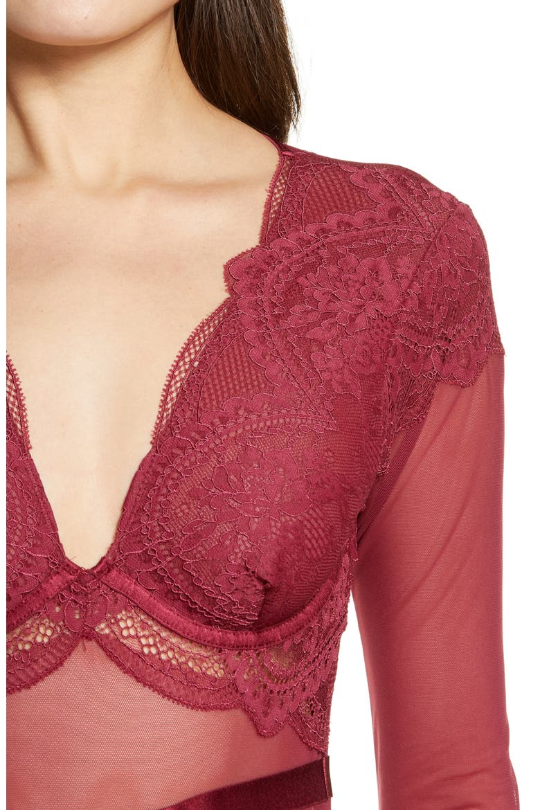 Lana Long Sleeve Lace & Mesh Bodysuit, Alternate, color, RHODODENDRON