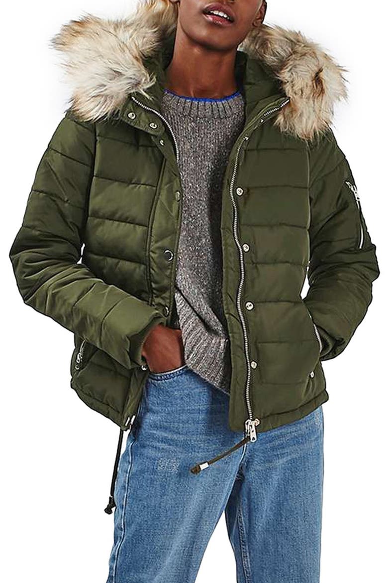 Woody Faux Fur Hood Puffer Jacket, Main, color, OLIVE