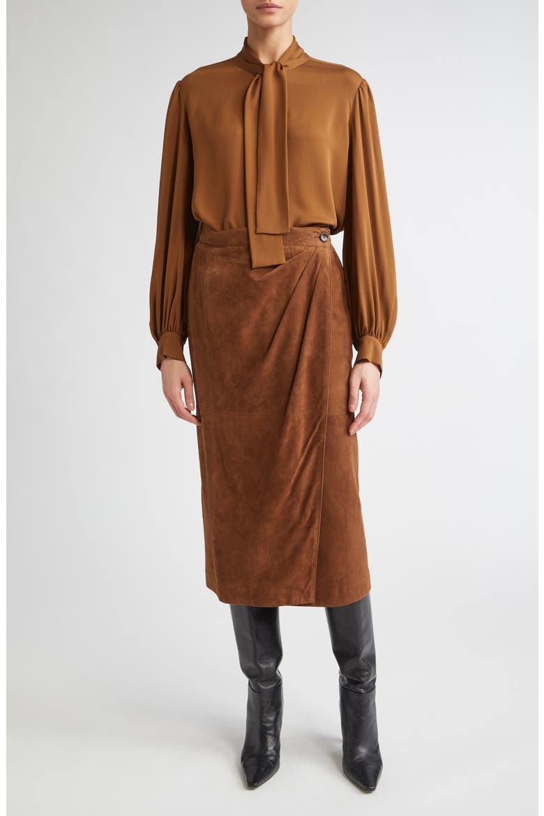Melania Tie Neck Silk Crêpe de Chine Top, Alternate, color, TOBACCO