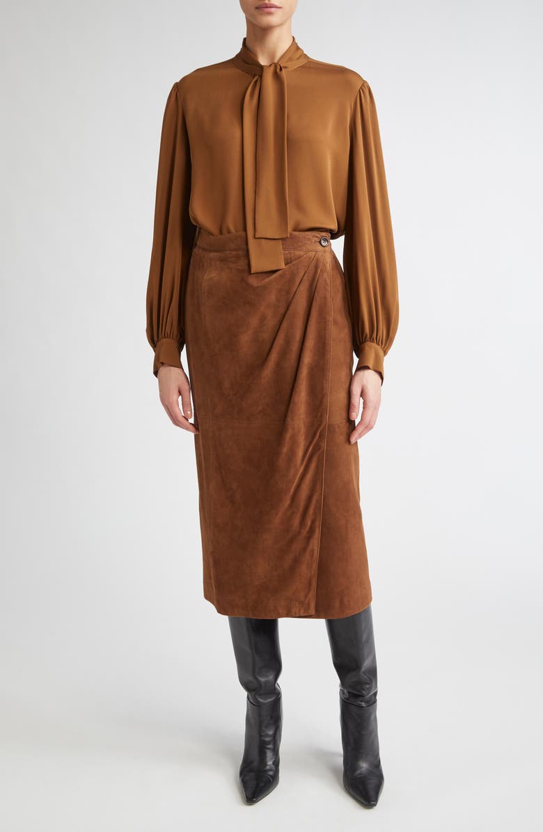 Max Mara Melania Tie Neck Silk Crêpe de Chine Top, Alternate, color, Tobacco