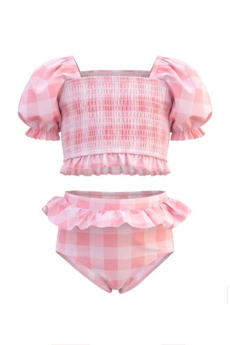 Girls Perfect Pink Gingham Puff Sleeve Two Piece Swimsuit, Main, color, Pink