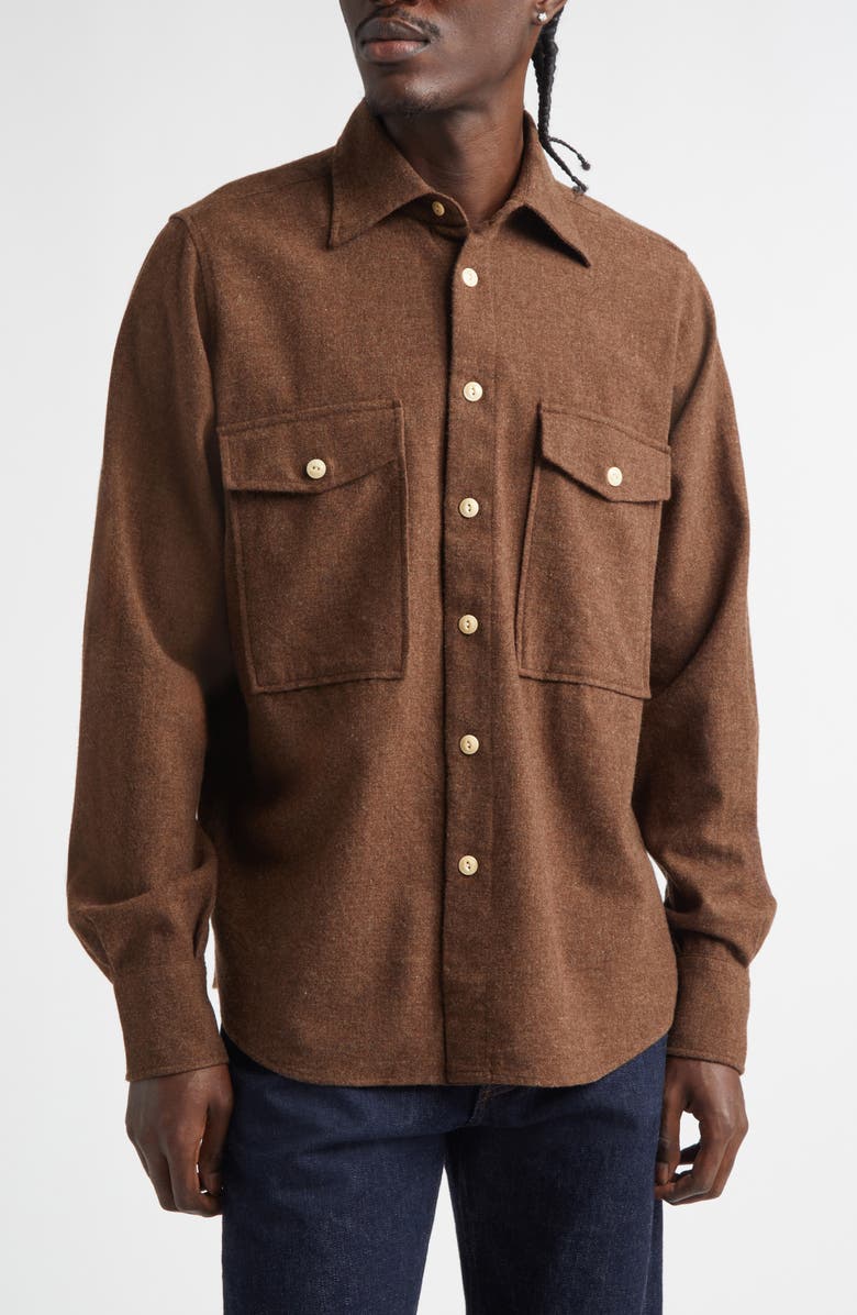 Drake's Relaxed Wool Button-Up Shirt, Main, color, Cocoa Brown
