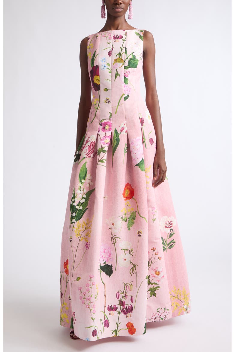 Mixed Botanical Print Sleeveless Faille Gown, Main, color, BLUSH MULTI