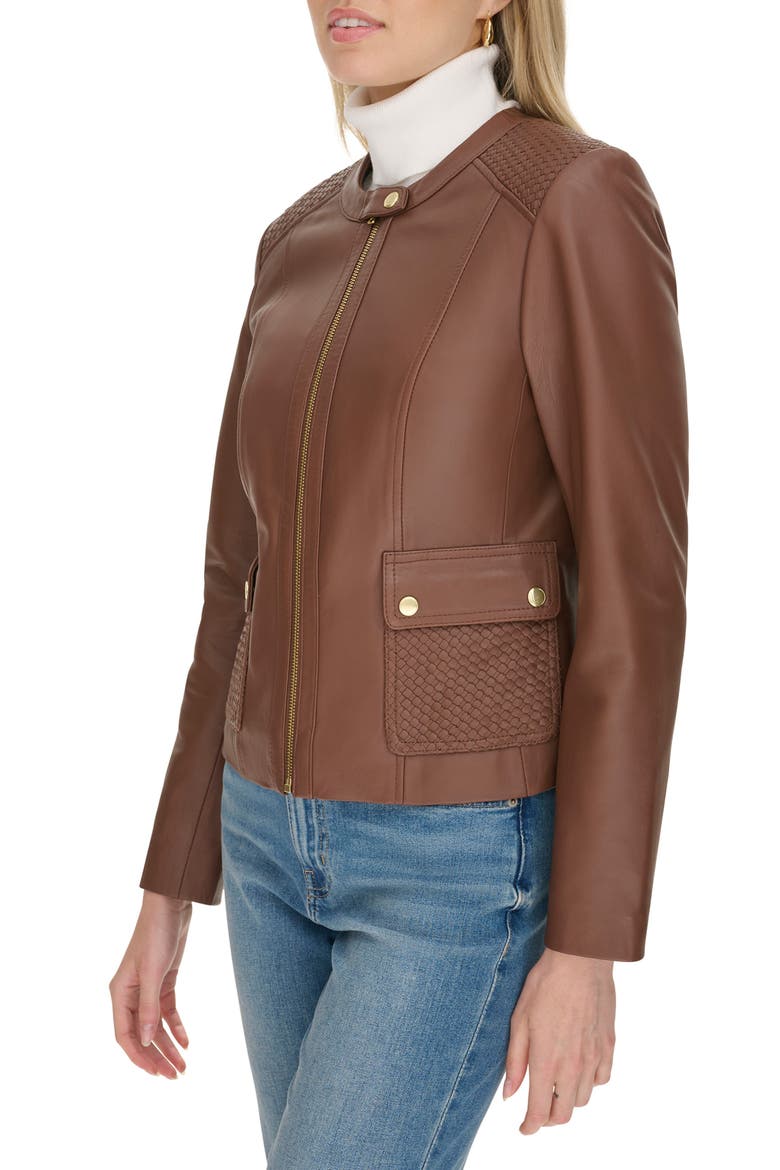 Woven Detail Leather Jacket, Alternate, color, HICKORY