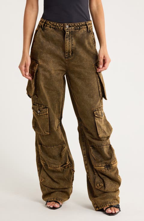 Parker Wide Leg Cargo Jeans (Black Acid Wash)