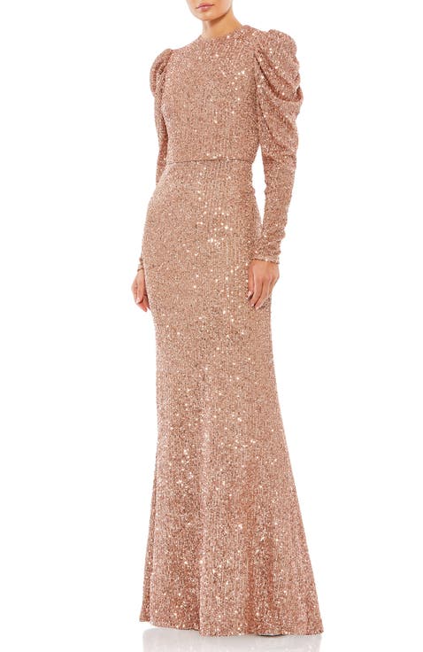 Sequined High Neck Puff Long Sleeve Column Gown