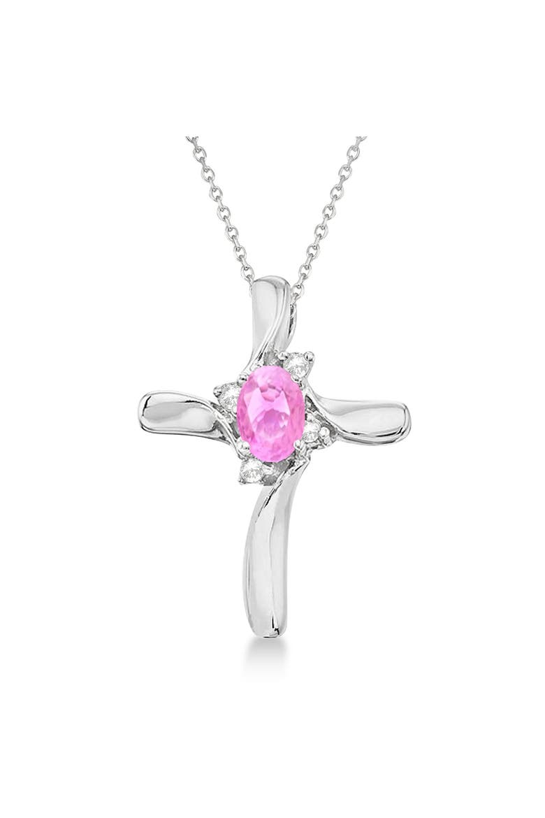 Pink Sapphire & Diamond Cross Necklace Pendant 14K 0.50ct, Main, color, White Gold