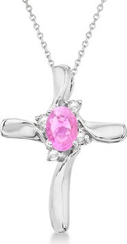 ALLUREZ Pink Sapphire & Diamond Cross Necklace Pendant 14K 0.50ct