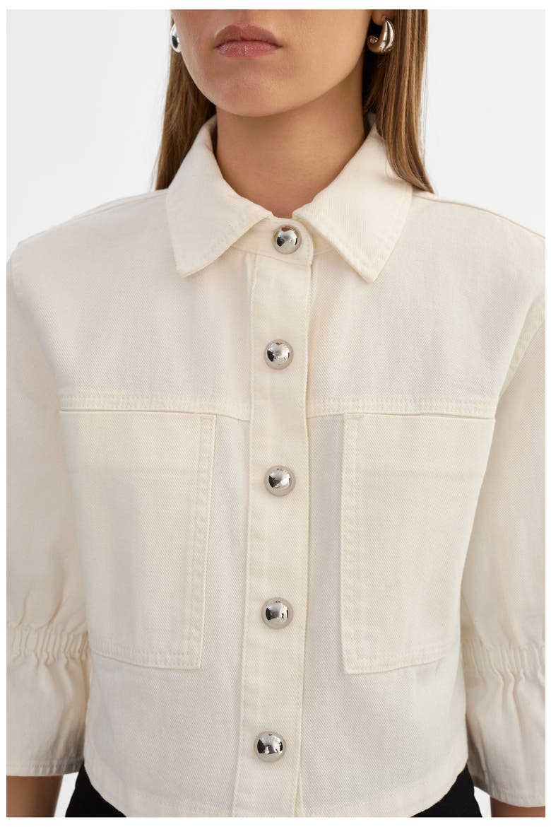 Carolina D | Denim Ruffle Sleeve Jacket, Alternate, color, White