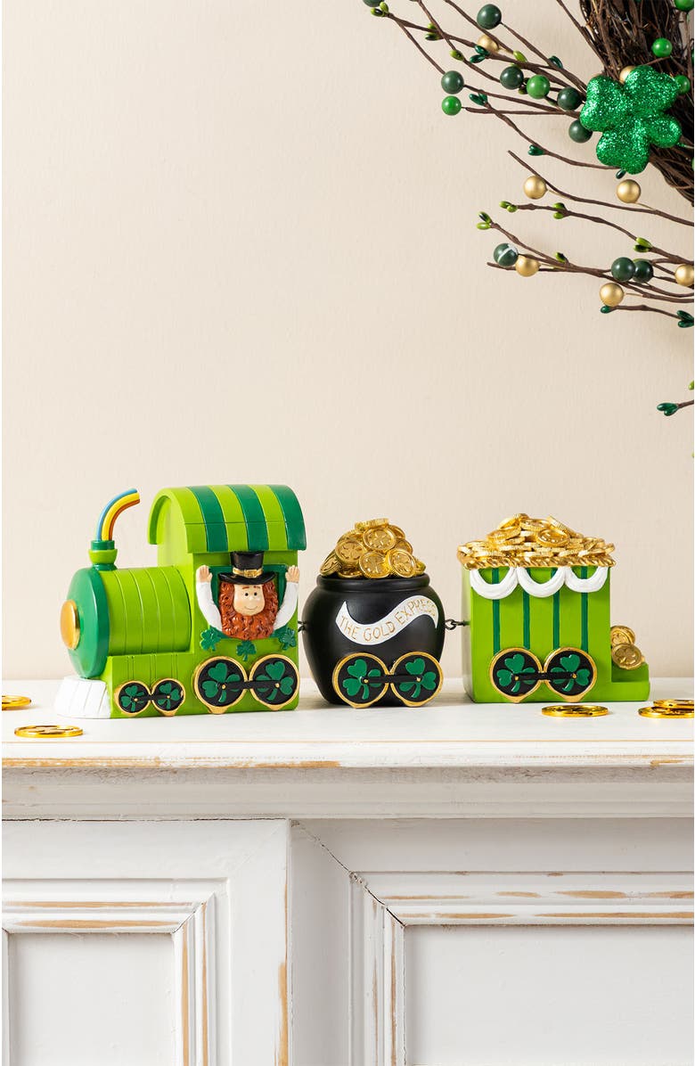 Glitzhome Set of 3 St.Patrick
s Resin Leprechaun Train Table Decor, Alternate, color, Green