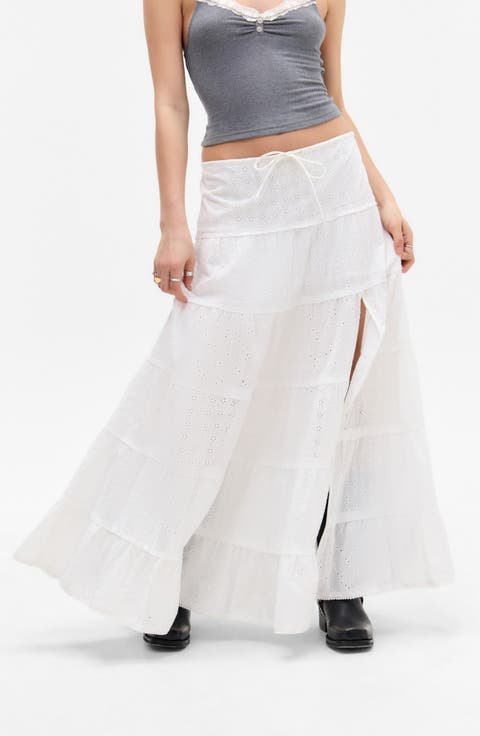 Embroidered Eyelet Tiered Cotton Maxi Skirt
