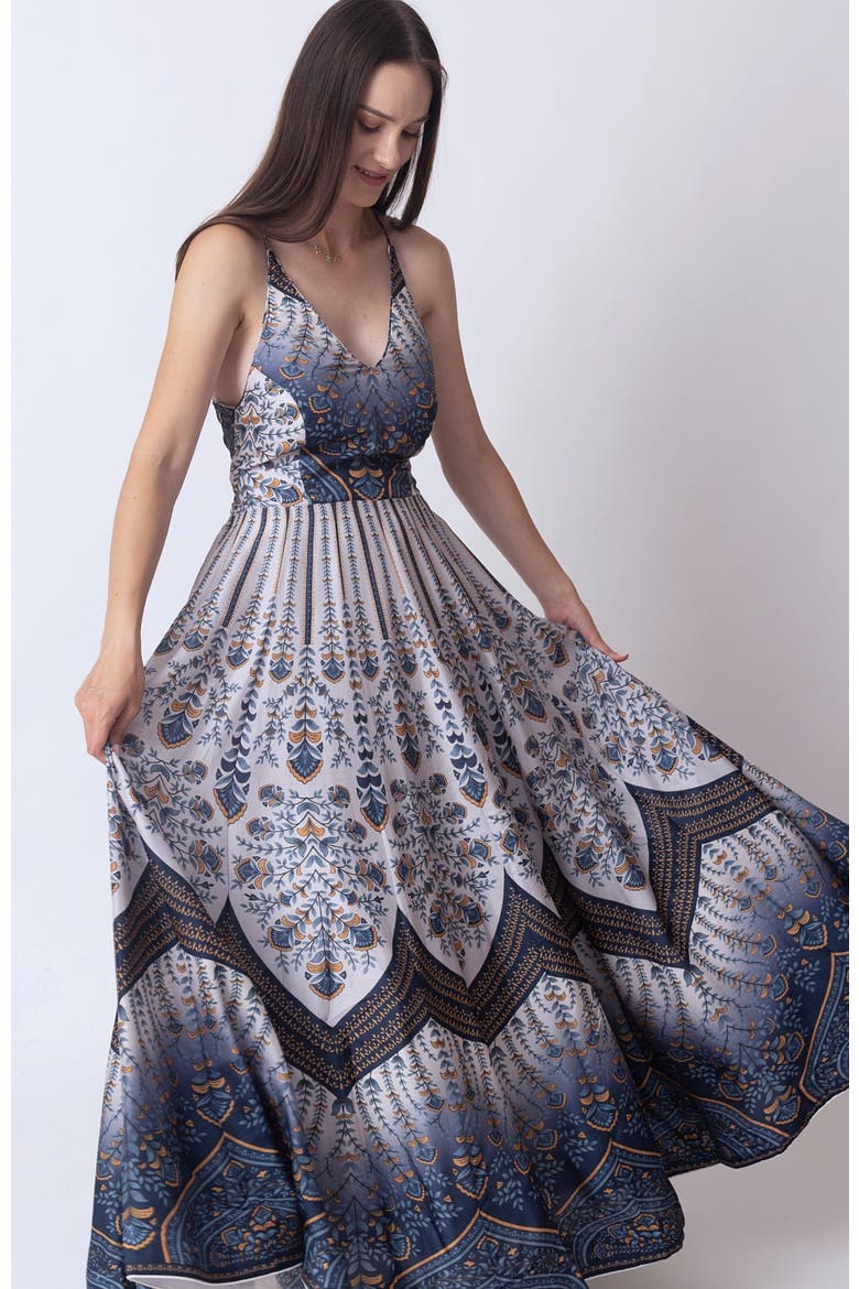 Ruba Open Back Printed Long Dress, Alternate, color, Blue