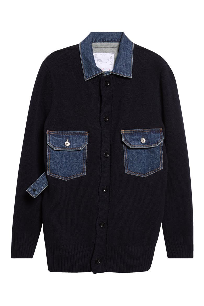 Denim Trim Wool Blend Cardigan with Bib Inset, Main, color, NAVY/ BLUE