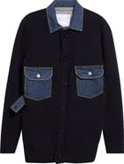 Sacai Denim Trim Wool Blend Cardigan with Bib Inset