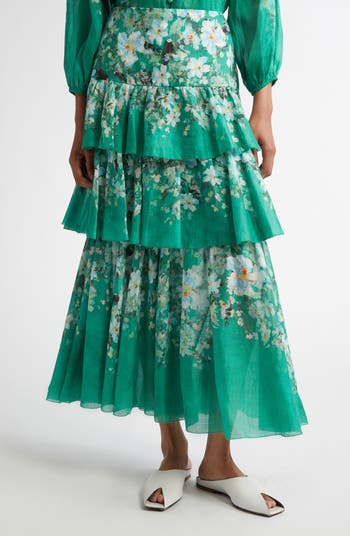 【Zimmermann】Everley tiered floral-print ramie maxi skirt ZIMMERMANN Everley tiered floral-print ramie maxi skirt