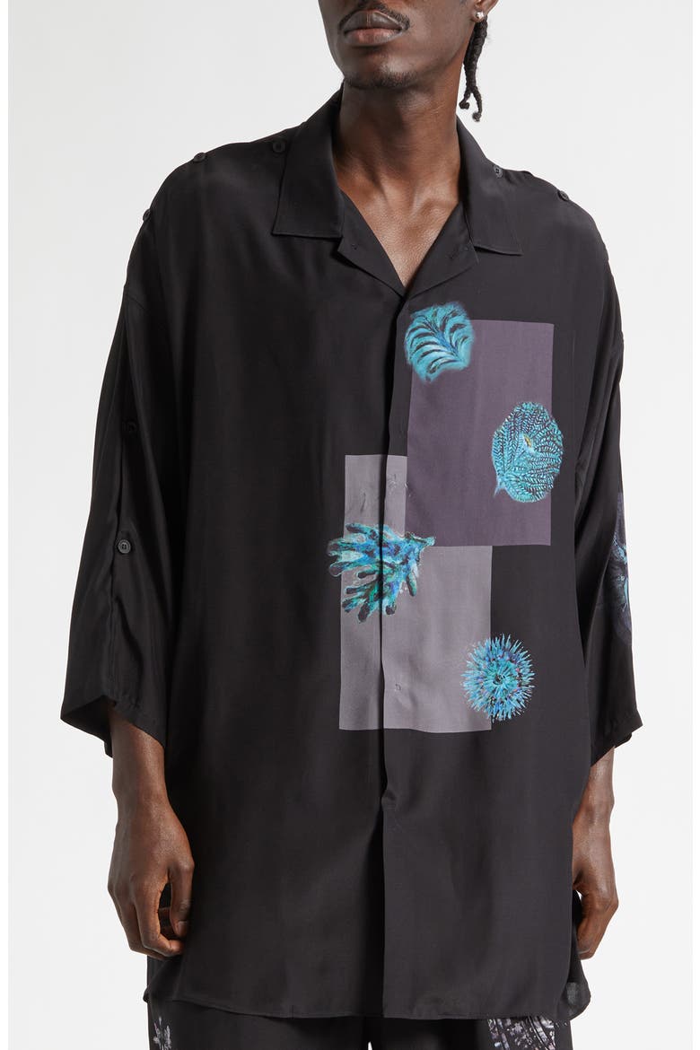 Button Shoulder Sea Creature Graphic Silk Button-Up Shirt, Main, color, BLACK
