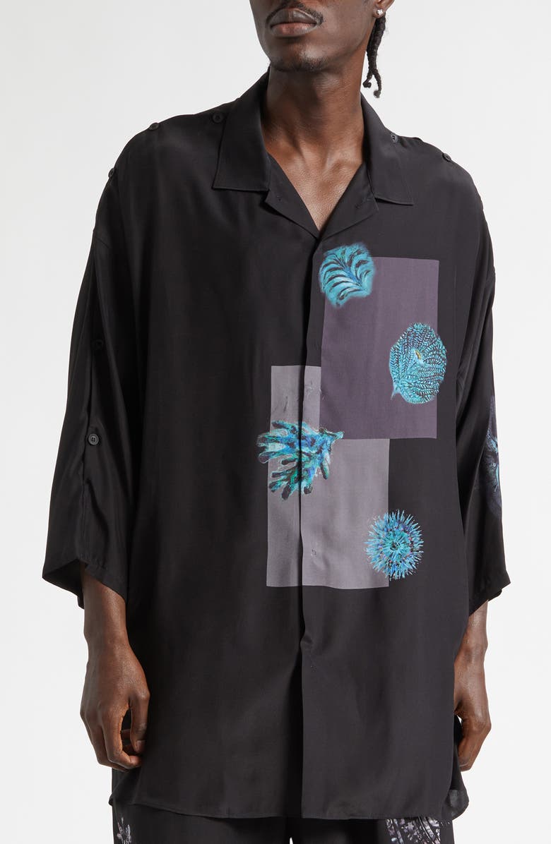 Yohji Yamamoto Button Shoulder Sea Creature Graphic Silk Button-Up Shirt, Main, color, Black