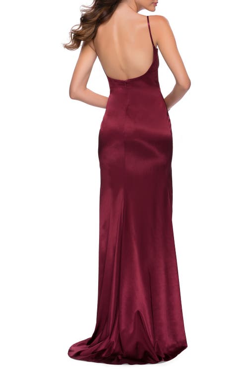 La Femme Fitted Stretch Satin Dress With Scoop Back In Burgundy