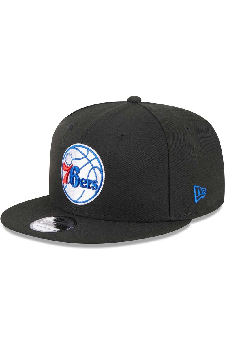 New Era Men's New Era Black Philadelphia 76ers 3-Time Champions Commemorative Side Patch 9FIFTY Snapback Hat, Alternate, color, 