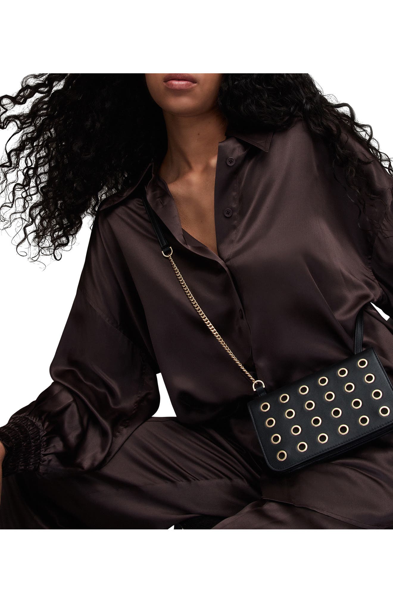 AllSaints Ludivine Grommet Leather Crossbody Bag, Alternate, color, 