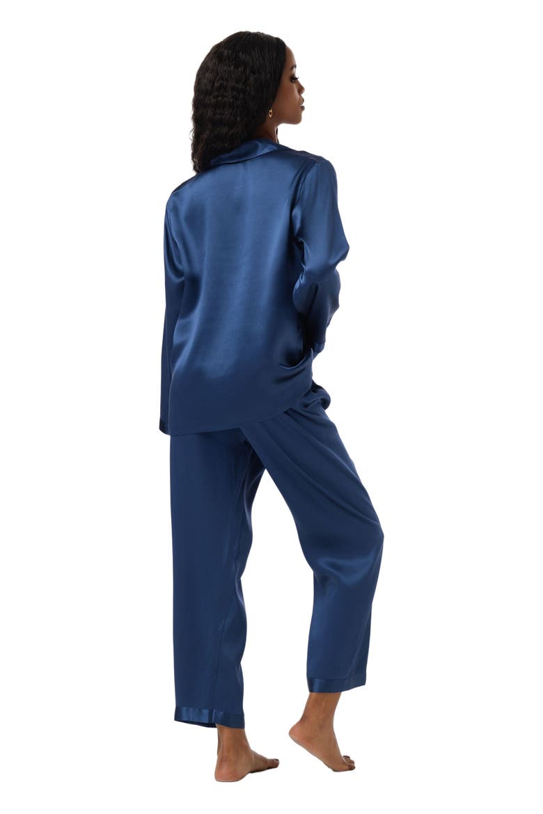 Silk Button Up Collared Women's Pajama Set, Alternate, color, Dark Blue