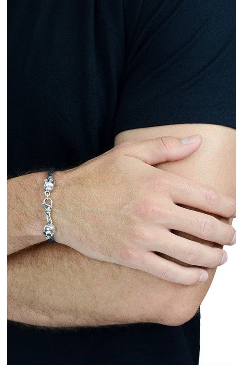 Thin Braided Leather Skull Bracelet, Alternate, color, Silver