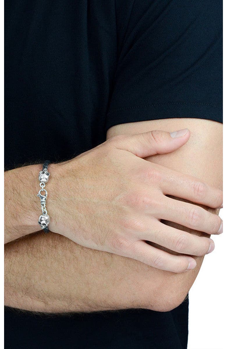 King Baby Studio Thin Braided Leather Skull Bracelet, Alternate, color, Silver