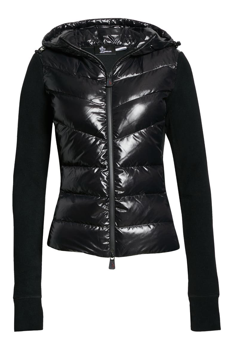 Quilted 750 Fill Power Down & Fleece Hooded Cardigan, Alternate, color, BLACK