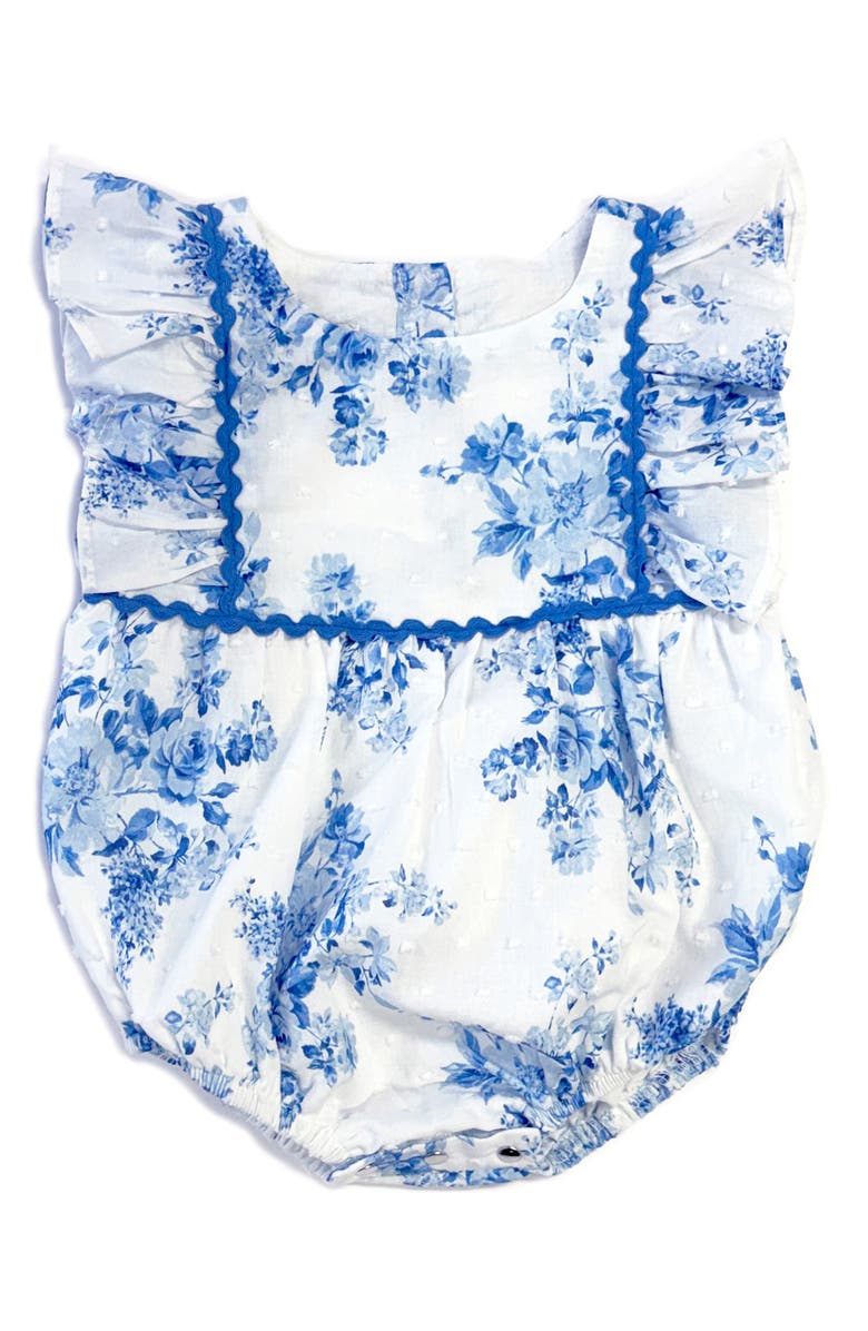 Pippa & Julie Floral Dot Clip Romper, Main, color, Blue/ White