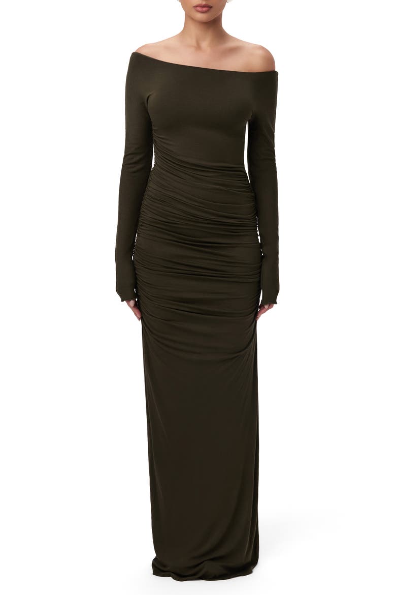 Off the Shoulder Long Sleeve Body-Con Maxi Dress, Main, color, OLIVE